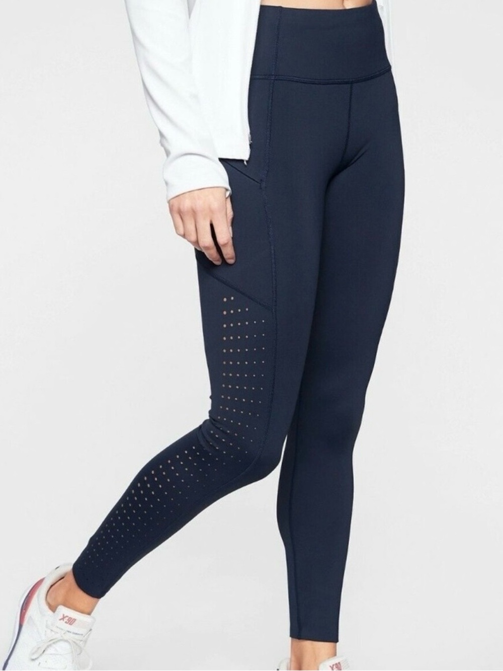 Athleta Contender Laser Cut Leggings Womens S Tall Navy Zip Pockets